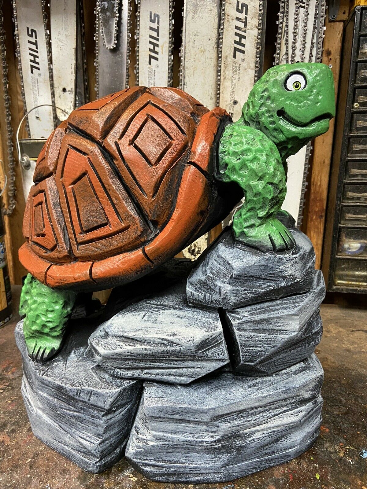TURTLE Chainsaw Carving White Pine Wood Tortoise Sculpture ORIGINAL Folk Art