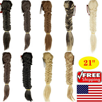 21'' Curly Straight Ponytail Clip Braided Fishtail Synthetic Hair Extensions USA