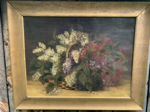 Signed A L Andrews Antique Basket of Flowers Still Life Oil on Canvas Painting
