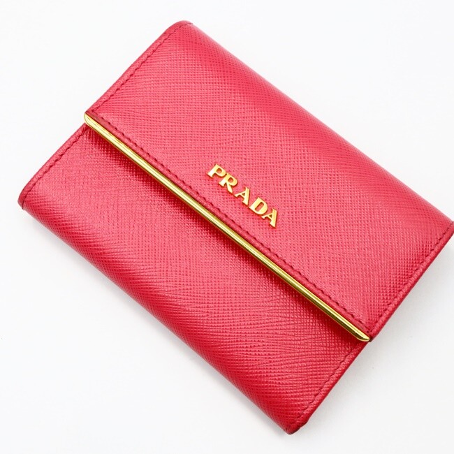 Prada Saffiano Leather Trifold Wallet in Pink with Logo and Box