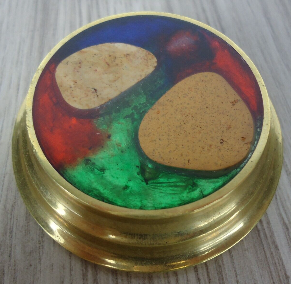 VTG UV Glow Brass Enamel Stone Paperweight Greece N.Fragakis Maximalist Desk Art