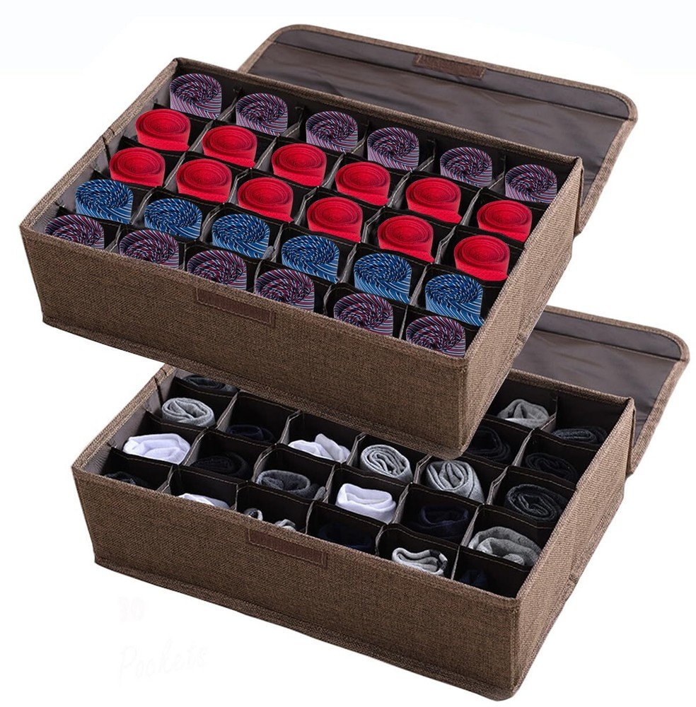 2 Pack Underwear Socks Ties Storage Organizer with Lids, 30 Cells Each