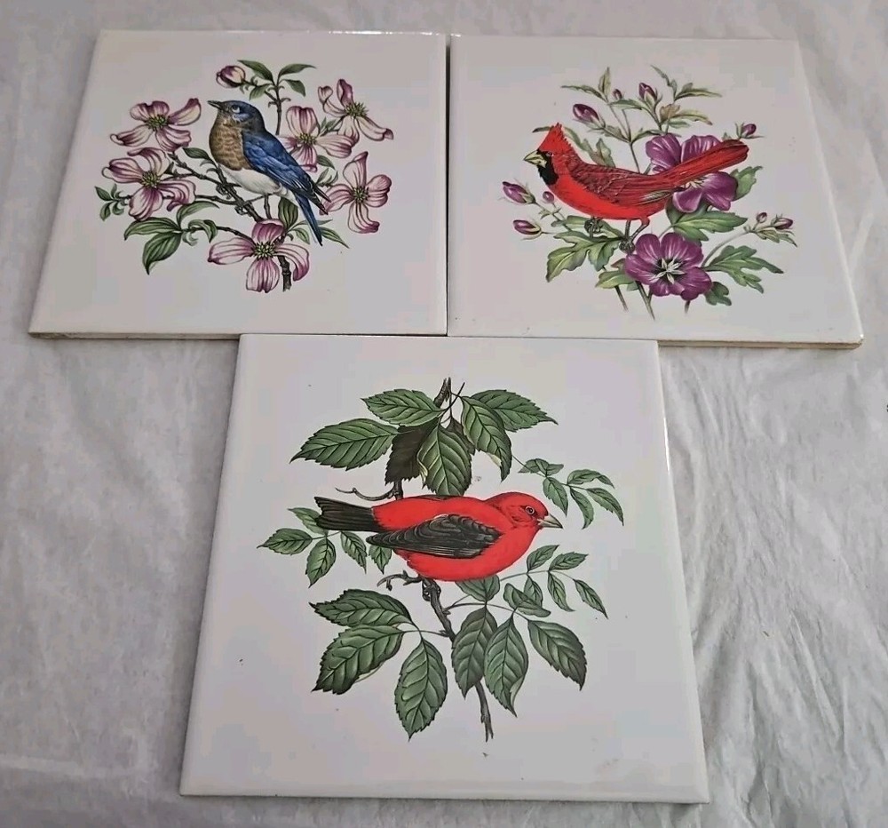 3 Vintage Decorated Ceramic Tile Trivets Bird Birds