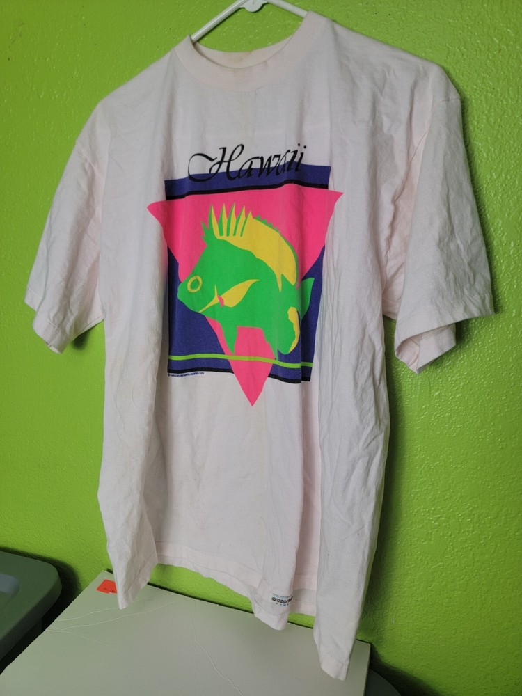 Vintage 80s Crazy Shirts Hawaii Pink Maui Graphic Fish Retro Neon Single Stitch