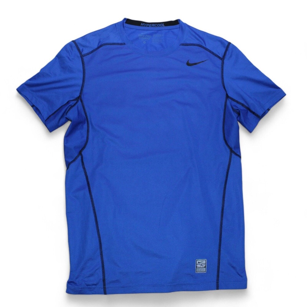 Nike Pro Combat Top Blue Striped Mens L T Shirt Stretch Fitted Dri Fit Hypercool