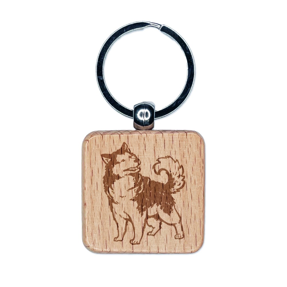 Curious Alaskan Malamute Dog Engraved Wood Square Keychain Tag Charm