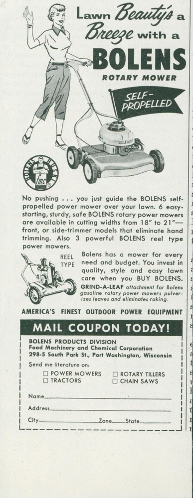 1955 Bolens Rotary Mower Self Propelled Happy Woman Beauty Breeze Print Ad SP22