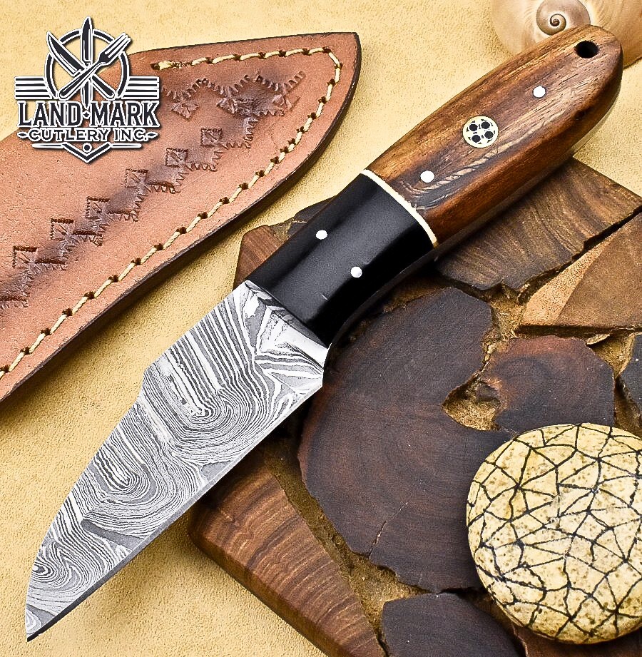 BEAUTIFUL DAMASCUS HANDE MADE HUNTING SKINER KNIFE WITH ROSE WOOD & BLACK HANDLE