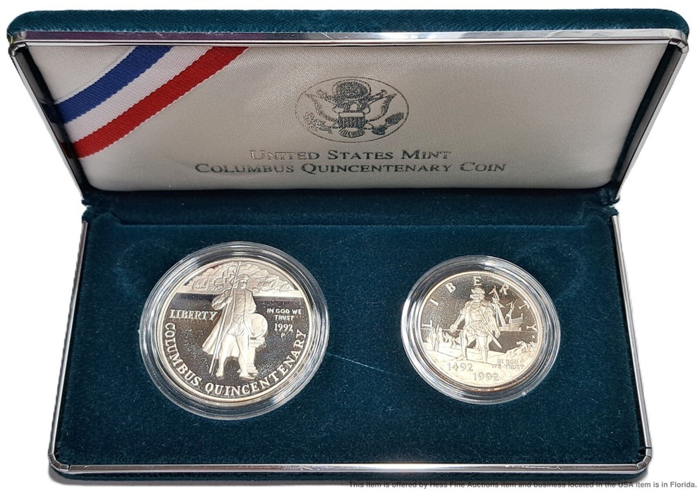 1992 US Mint Columbus Quincentenary $1 Silver Dollar 50c Half Dollar Set w/ Box