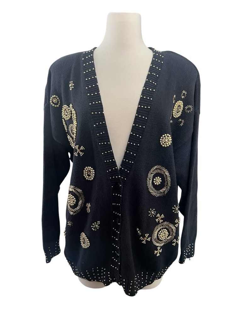 Vintage Lauren Matthews Beaded Knit Sweater Black Holiday Grandma Size 2X