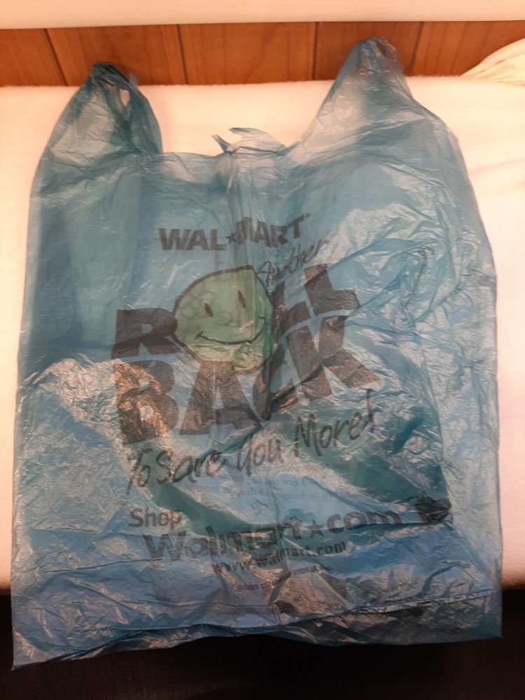 2001 Vintage Blue Plastic Walmart Shopping Bag Roll Back Smiley Face Movie Prop
