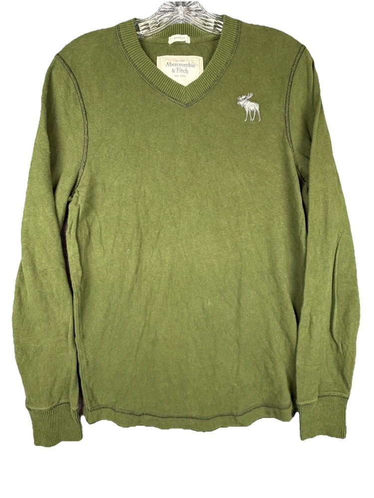 Abercrombie & Fitch Muscle Long Sleeve V-Neck T-Shirt Mens L Olive Green Moose-image