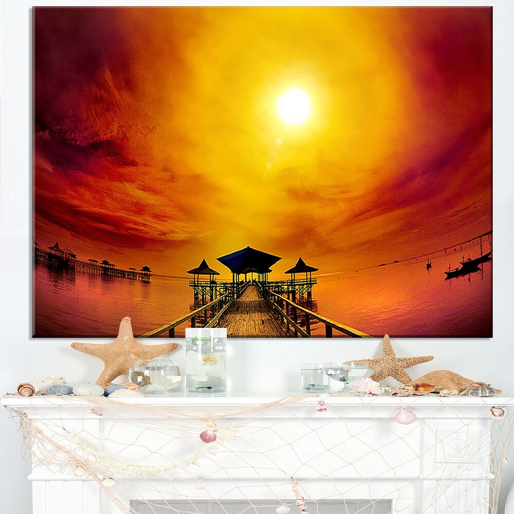 Exotic Wood Pier under Yellow Sun - Sea Bridge Canvas Wall  Mini