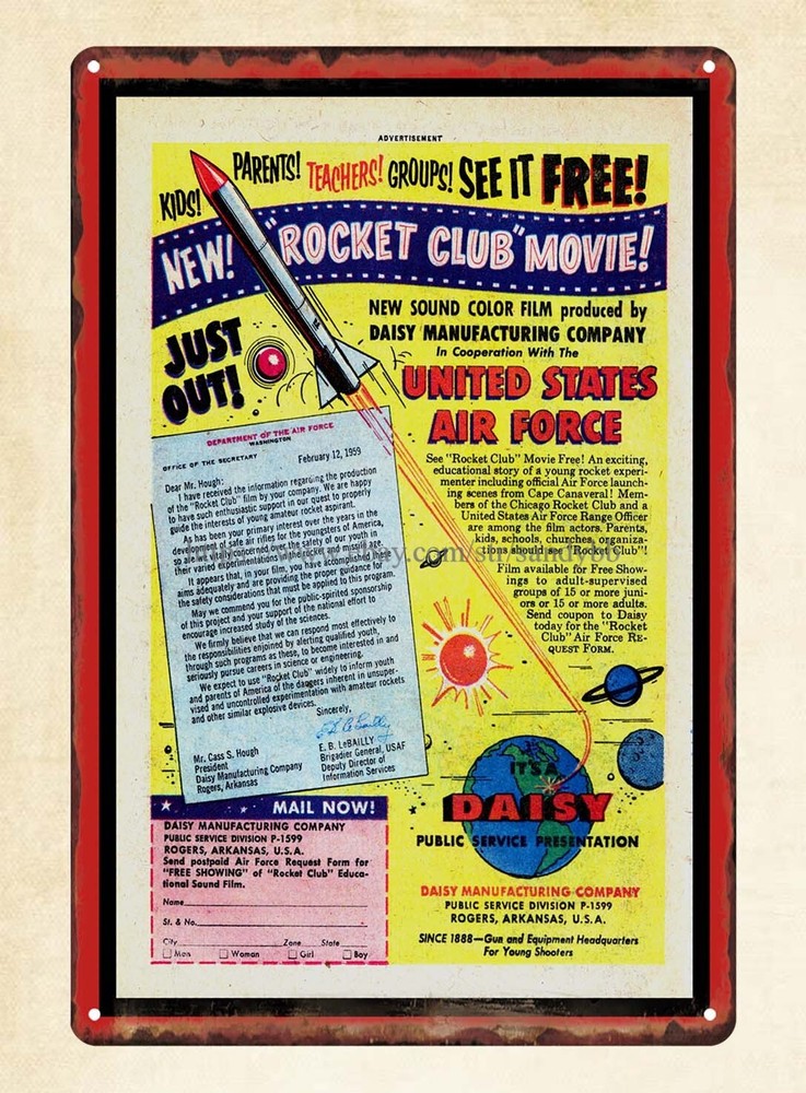 man cave artwork walls Daisy Rocket Club Ad 1959 metal tin sign-image