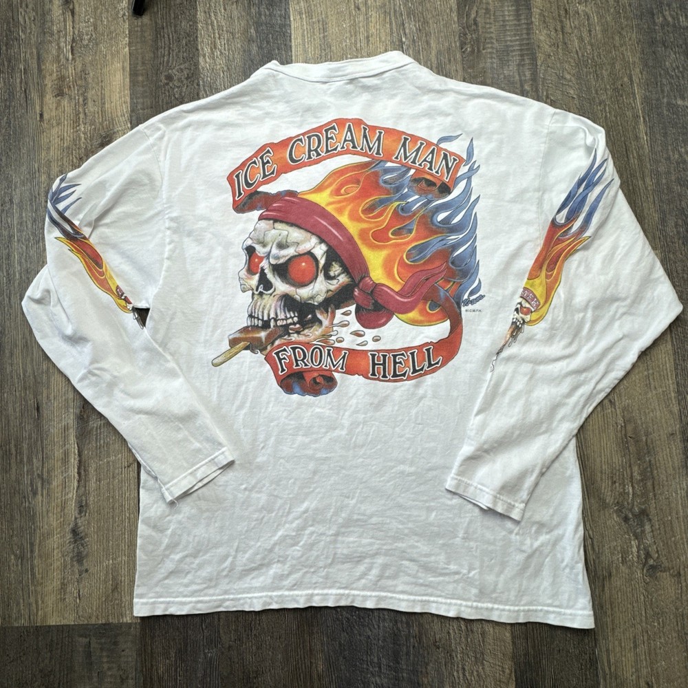 Vintage 90s Ice Cream Man From Hell Biker Tee XL White Rare
