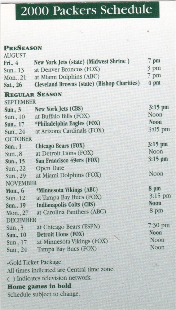 2000 Green Bay Packers NFL Football Pocket Schedule- Miller Beer