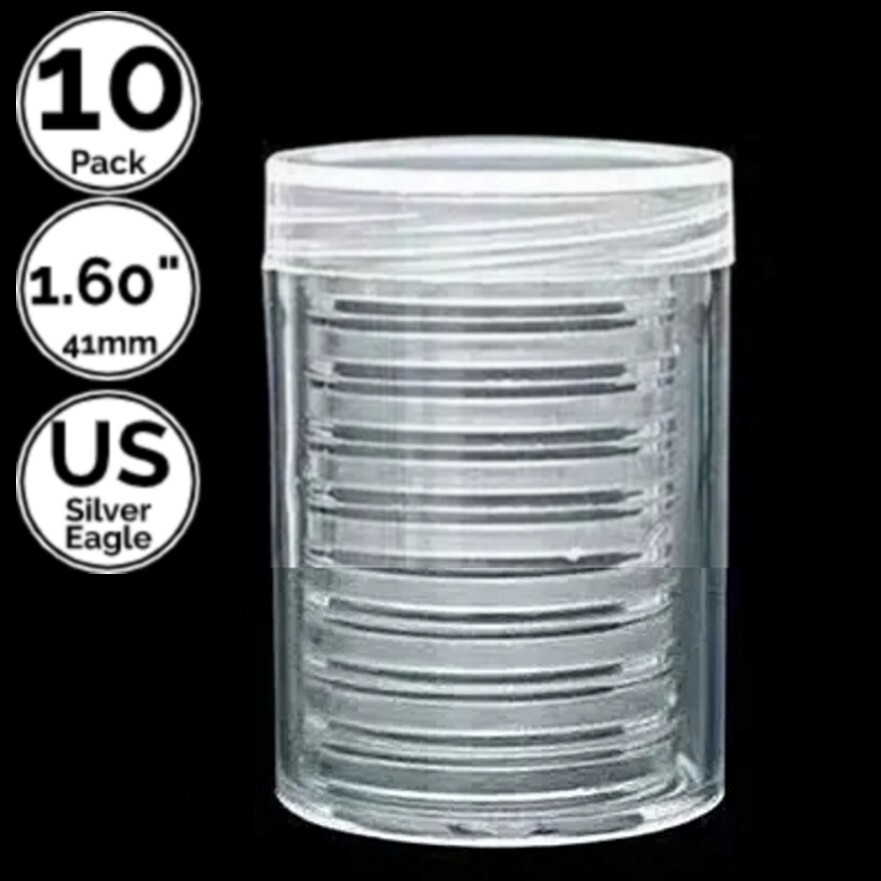 10 Pack 1.6 Inch 41mm Coin Capsule Holders w/Tube For US 1 Oz Silver Eagle