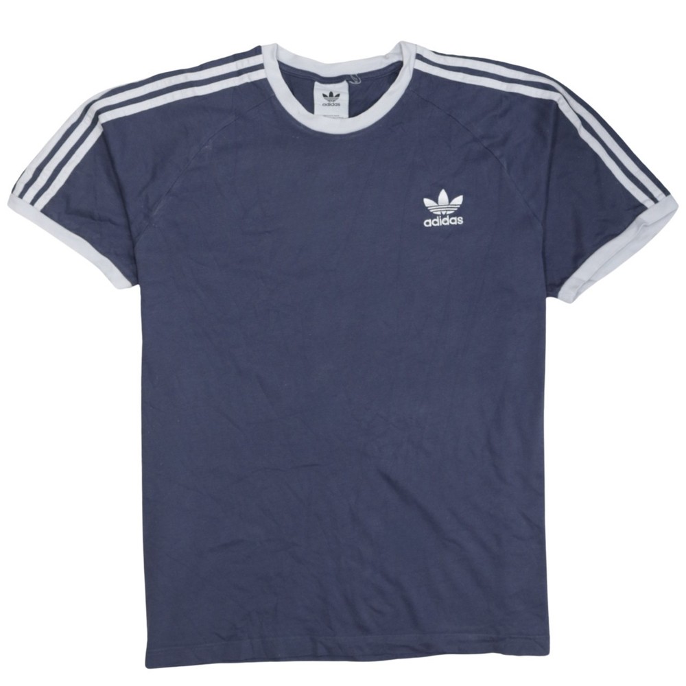 Adidas Mens T Shirt Navy Blue Trefoil Embroidered Logo Three Stripe Sleeves M
