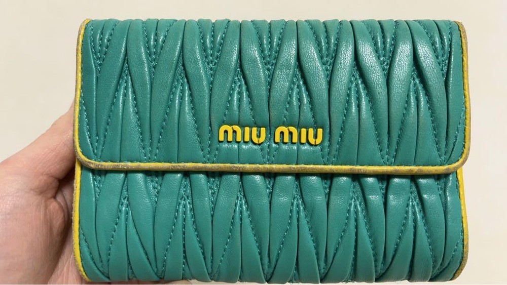 miumiu Matelasse Tri-fold Wallet Green branded