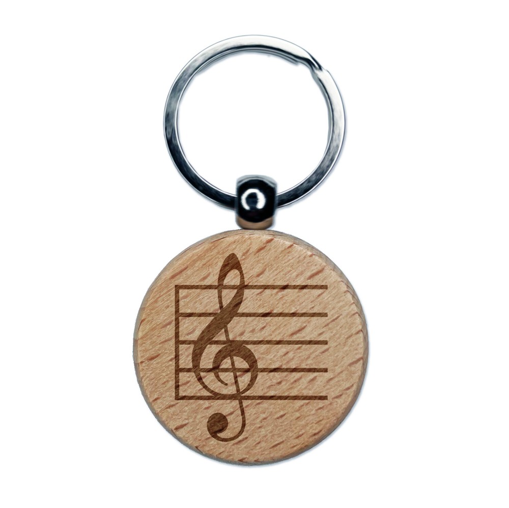 Treble Clef Wooden Music Note Engraved Round Keychain Charm  