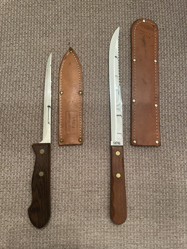 2 Lot Ka-bar Fillet Knife Rosewood Handle W/ Original Leather Sheath.1384 & 1383