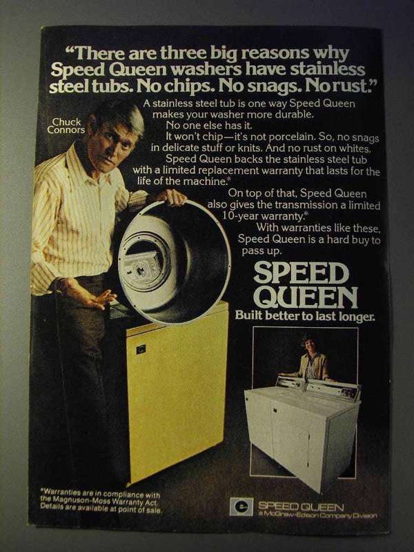 1977 Speed Queen Washer Ad - Chuck Connors - Three Reasons