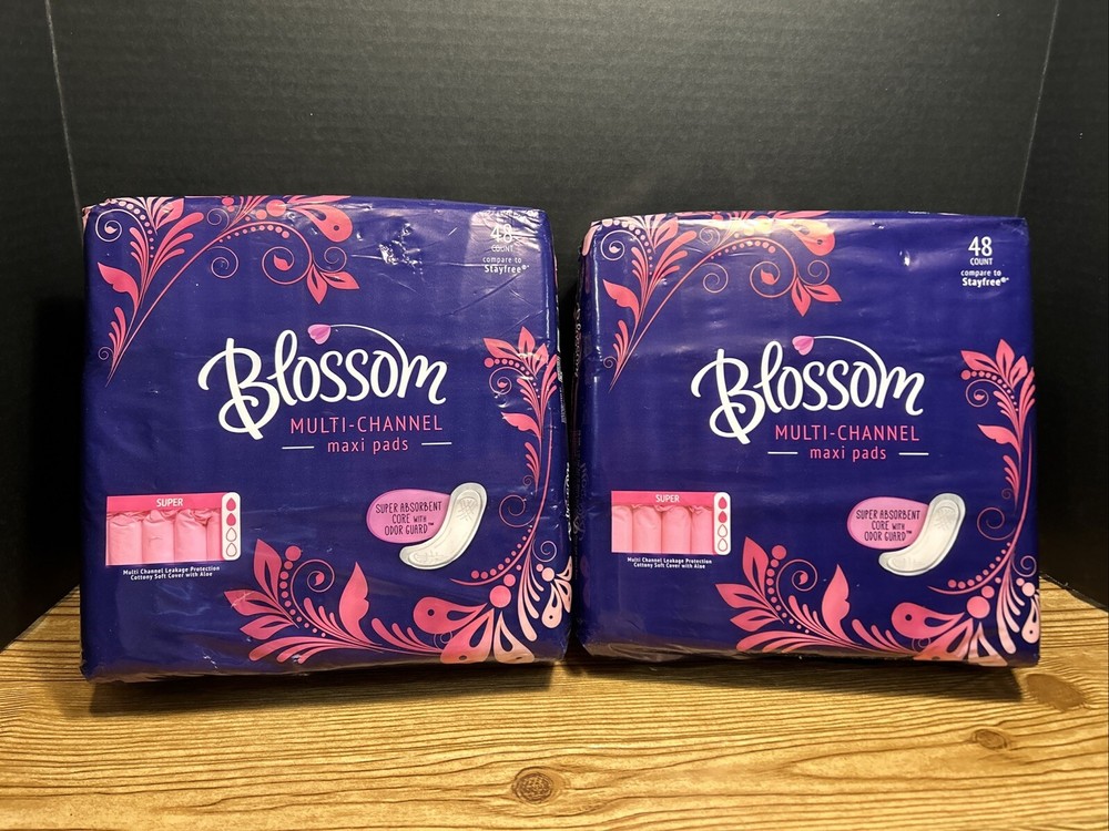 (2 Packs) Blossom Multi Channel Sanitary Super Maxi Pads 48 Count Vintage Aldi