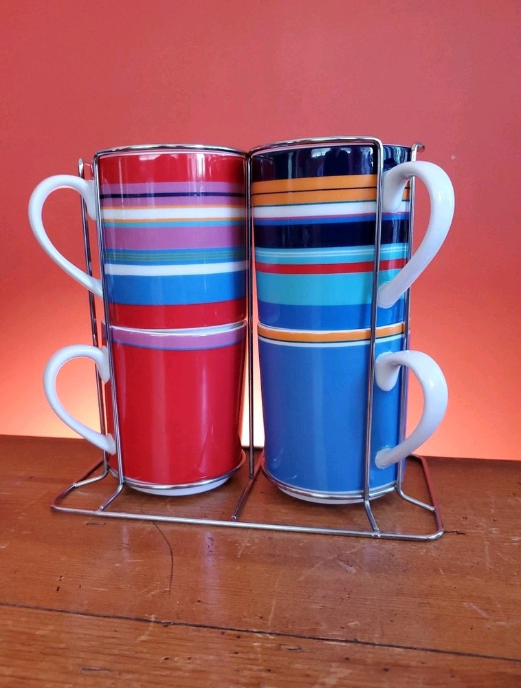 4 Lenox DKNY Urban Essentials Stackable Coffee / Tea Cups With Storage Rack