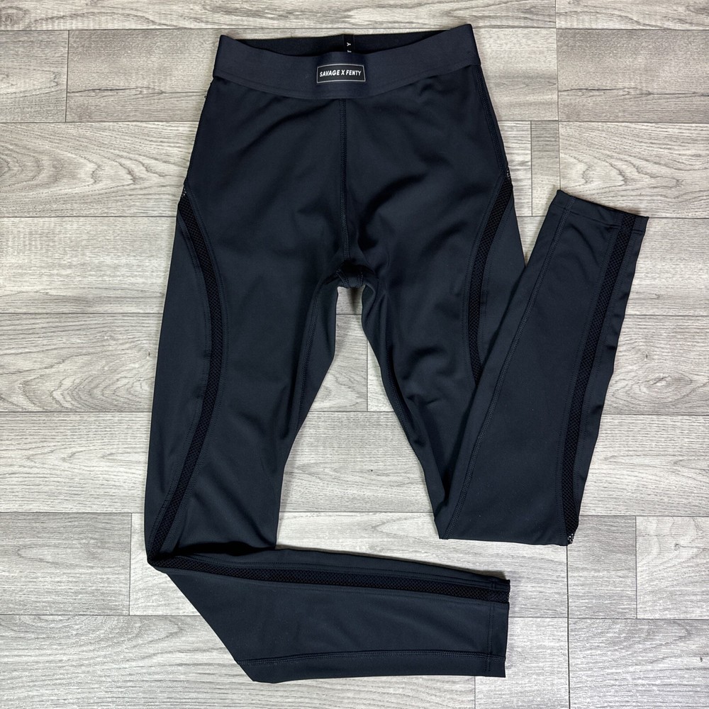 Women's Savage x Fenty Black Mesh Mid Rise Full Length Leggings Pants sz XS
