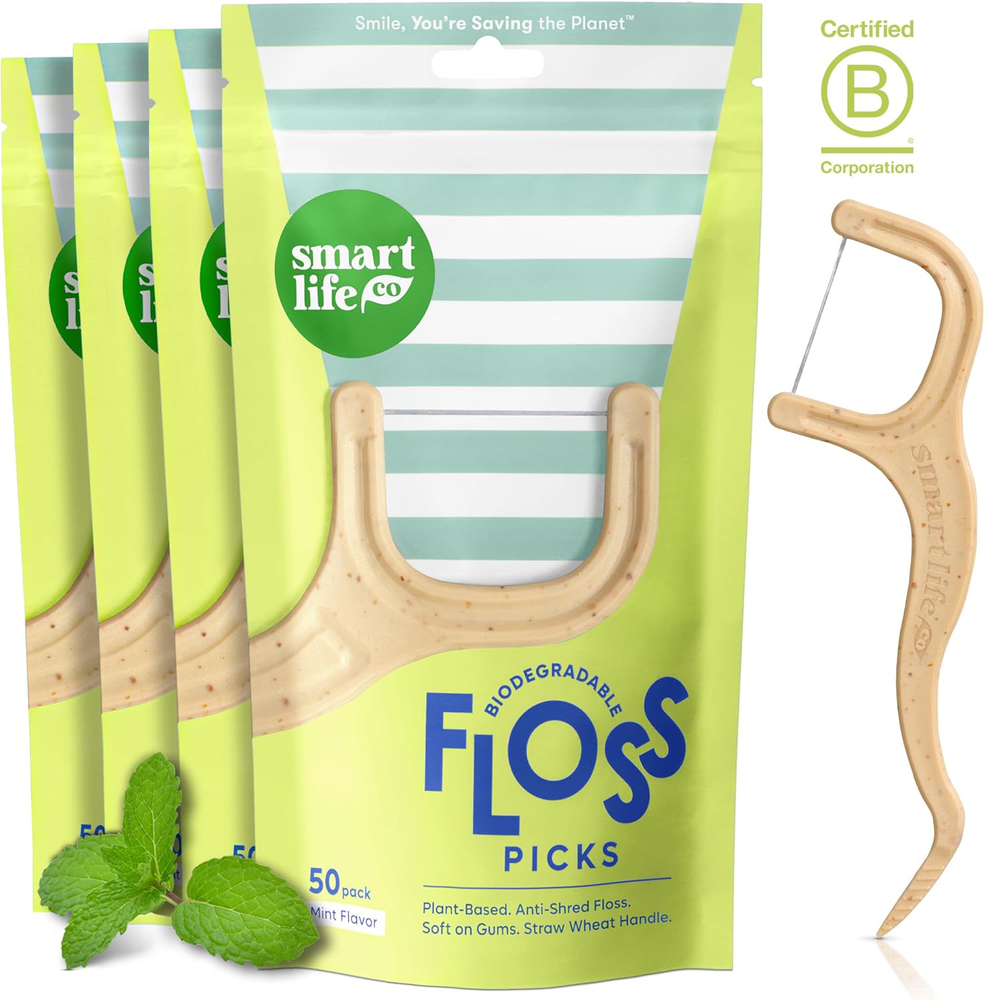 SmartLifeco Biodegradable Dental Floss Picks - Plant Based Handle, Thin Thread &