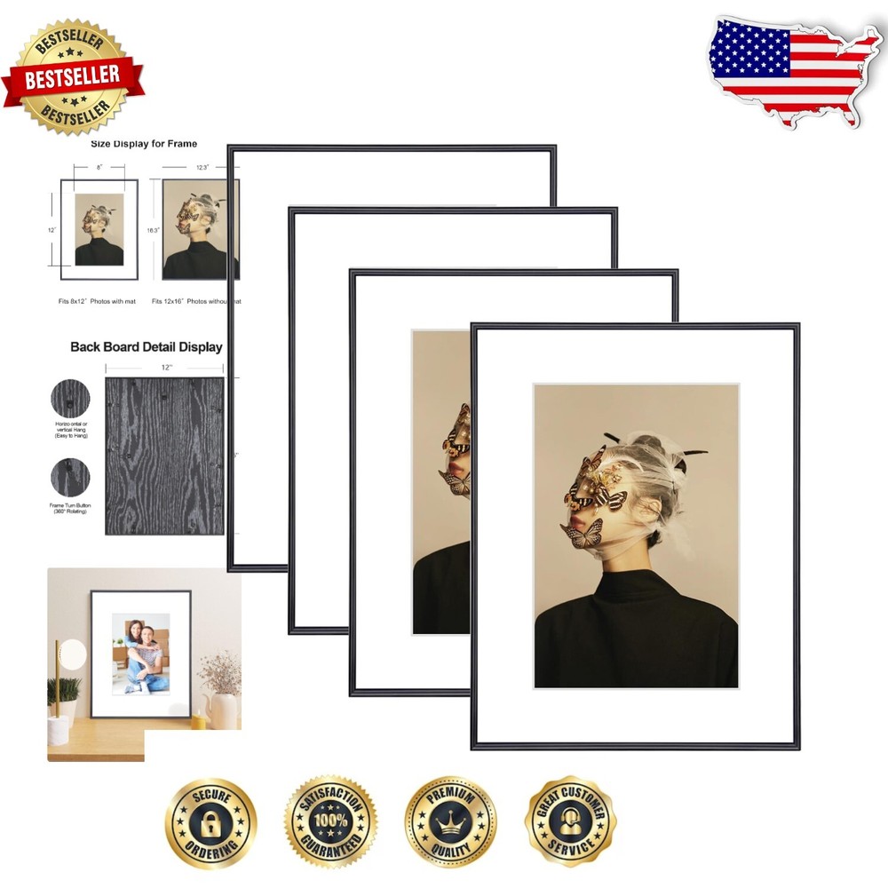 Set of 4 Black Modern 12x16 Picture Frames with Mat for Stylish Displays