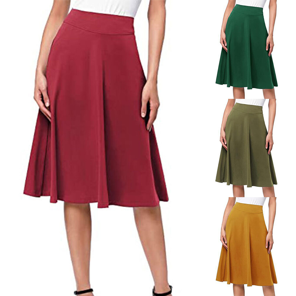 Women Knee Length Skirt High Waisted Bottoms Casual Solid Party A Line Skirt