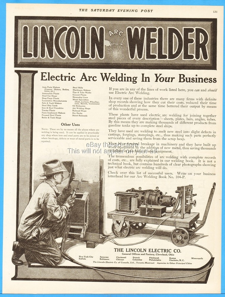 1919 Lincoln Electric Motor Co Ad Cleveland OH Arc Welder Welding Metal Worker