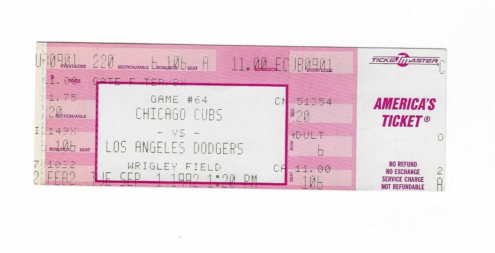 Mike Piazza MLB Debut Unused Baseball Ticket September 1, 1992, Dodgers vs Cubs