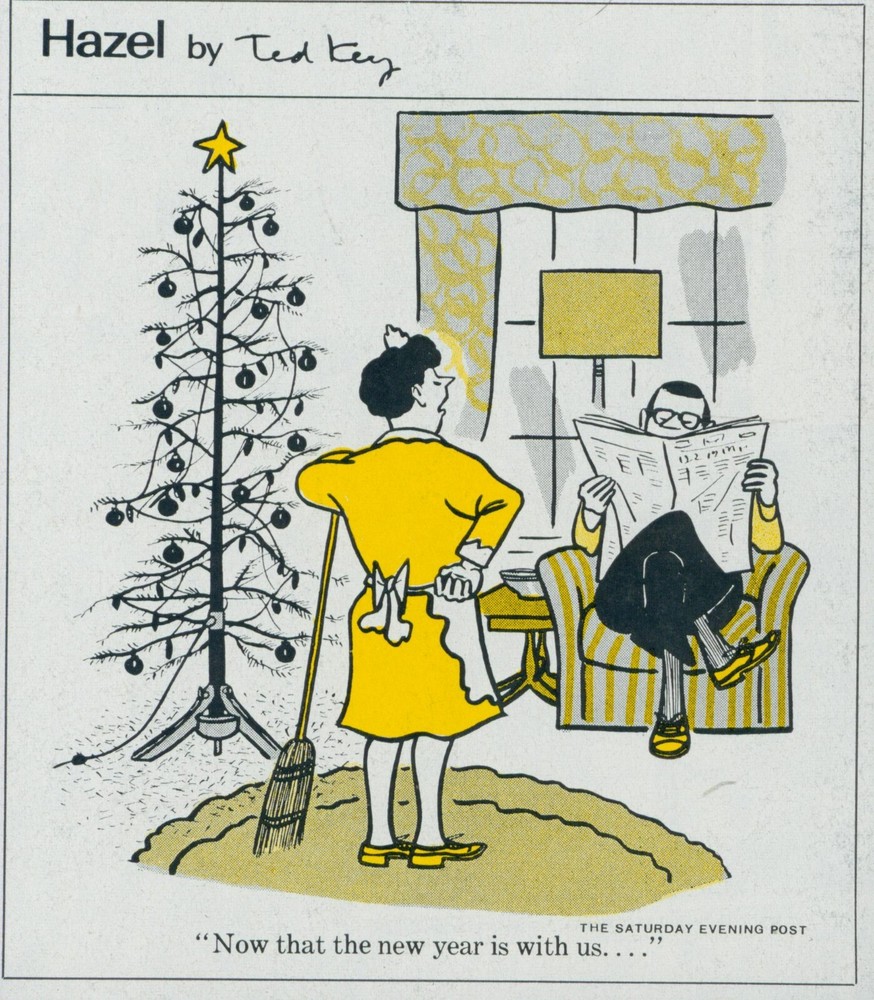 1965 Hazel Cartoon Ted Key Dead Christmas Tree Man Reading Vintage Print Ad SP9