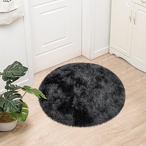 Tie Dye Black Round Fluffy Shaggy Rug 3x3 ft Soft Circle Carpet