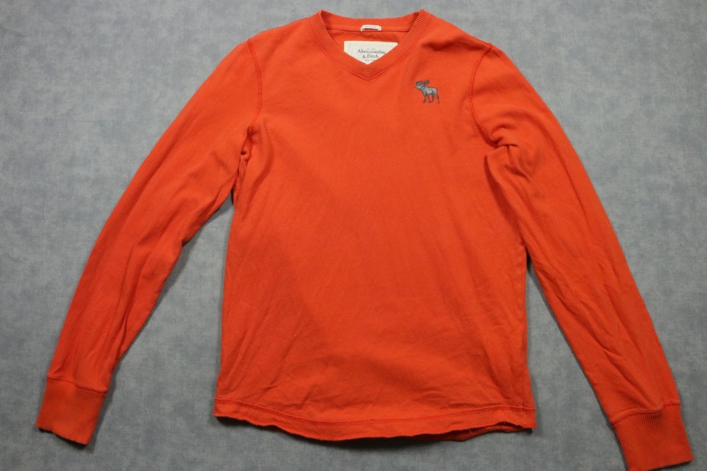 Abercrombie & Fitch Sweater Mens XL Orange V Neck Moose Logo Muscle Pullover-image