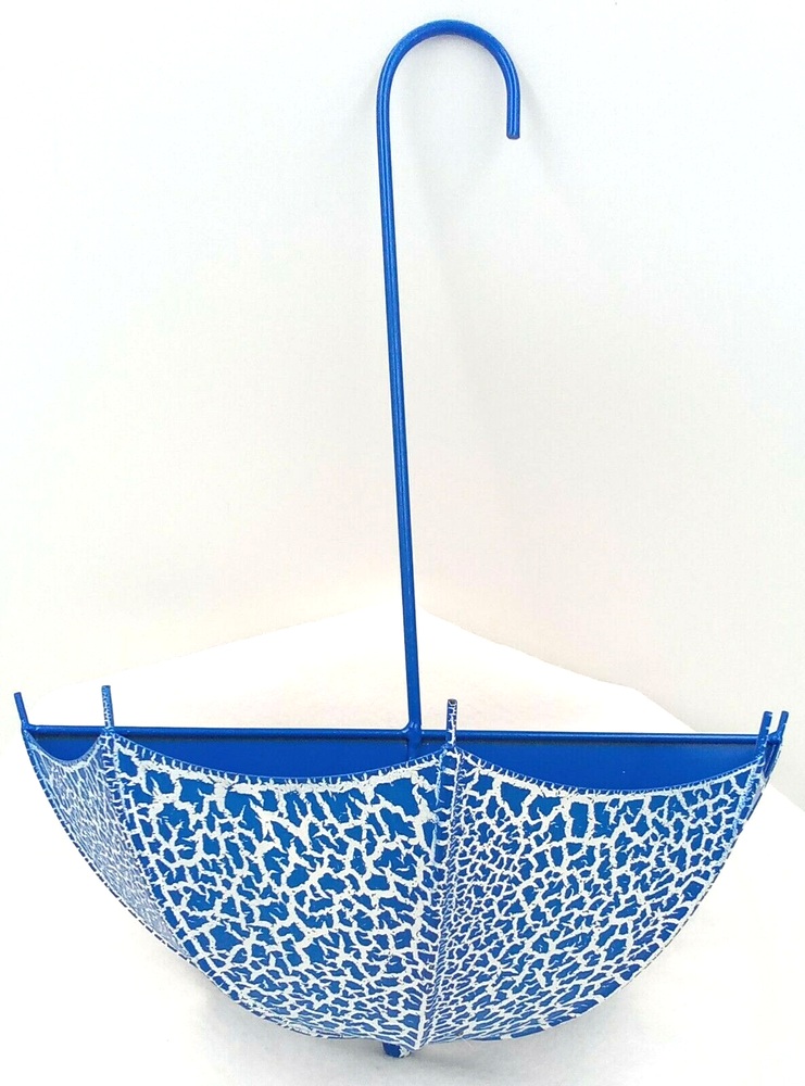 Umbrella Wall Planter Hanging Metal Blue White Crackle Flower Indoor Outdoor New