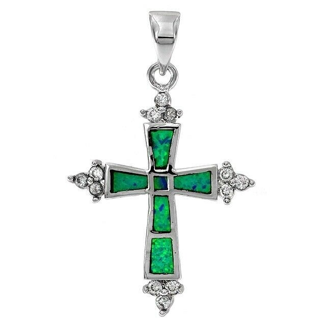 Cross Australian Opal Inlay & Topaz 925 Sterling Silver Pendant Jewelry EO3