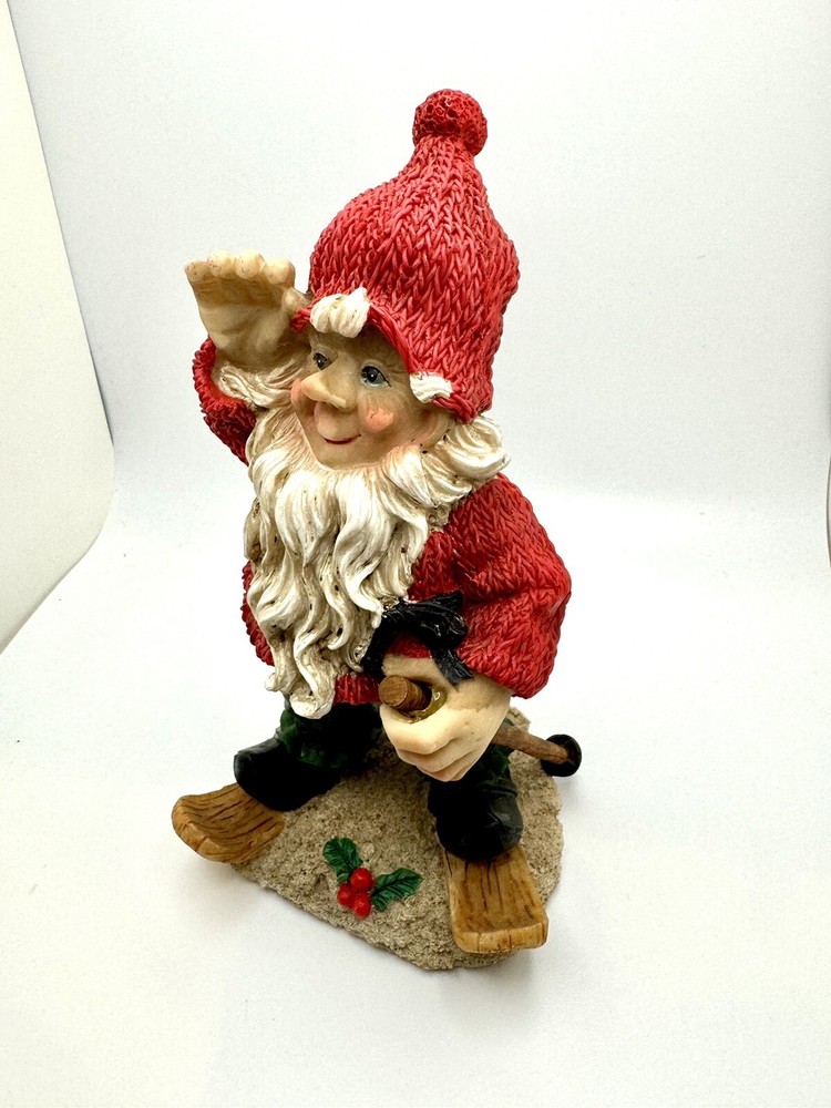 Christmas GNOME with Snowshoes and walking stick Mistletoe Figurine Winter