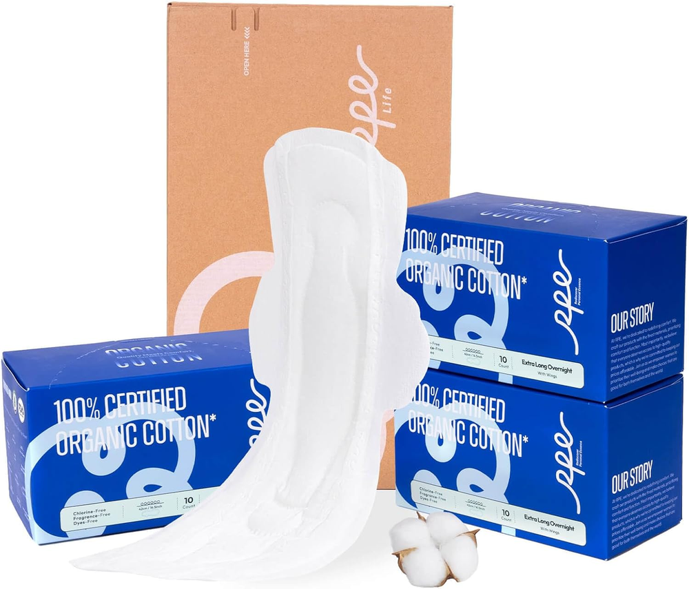 100% Organic Super Long Overnight Pads with Wings, Extra Heavy Sanitary Pad for