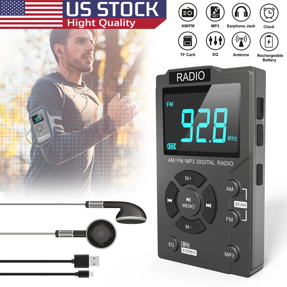 Mini Digital Portable Pocket LCD AM FM Radio Stereo USB Rechargeable +Earphone