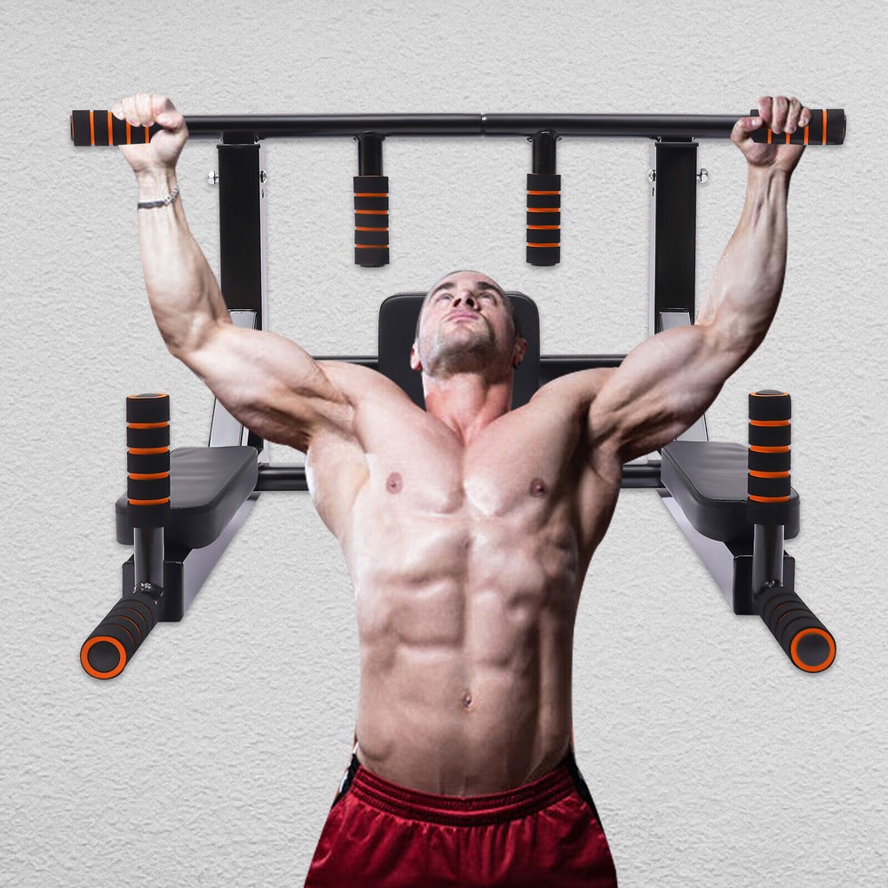 Wall Mount Chin Up Bar Power Pull Up Home Gym Fitness Dip Station Equipment