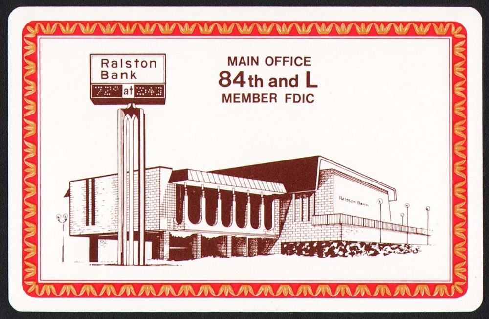 Vintage playing card RALSTON BANK orange border building pic Ralston Nebraska
