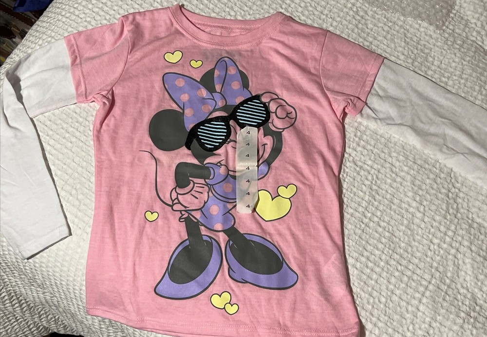 🔥New Old Stock DISNEY Minnie Mouse Pink Long Sleeve Glitter T-Shirt Size 4 NOS
