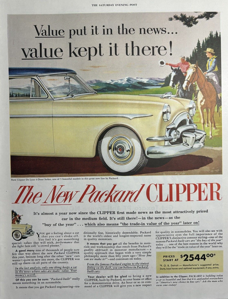 1953 Packard Clipper Automobile De Luxe 4 Door Sedan Models Value VTG Print Ad