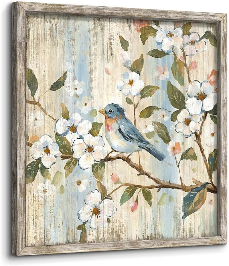 Bird Floral Wall Art Decor: Framed Botanical Artwork Animal Picture on the Tree