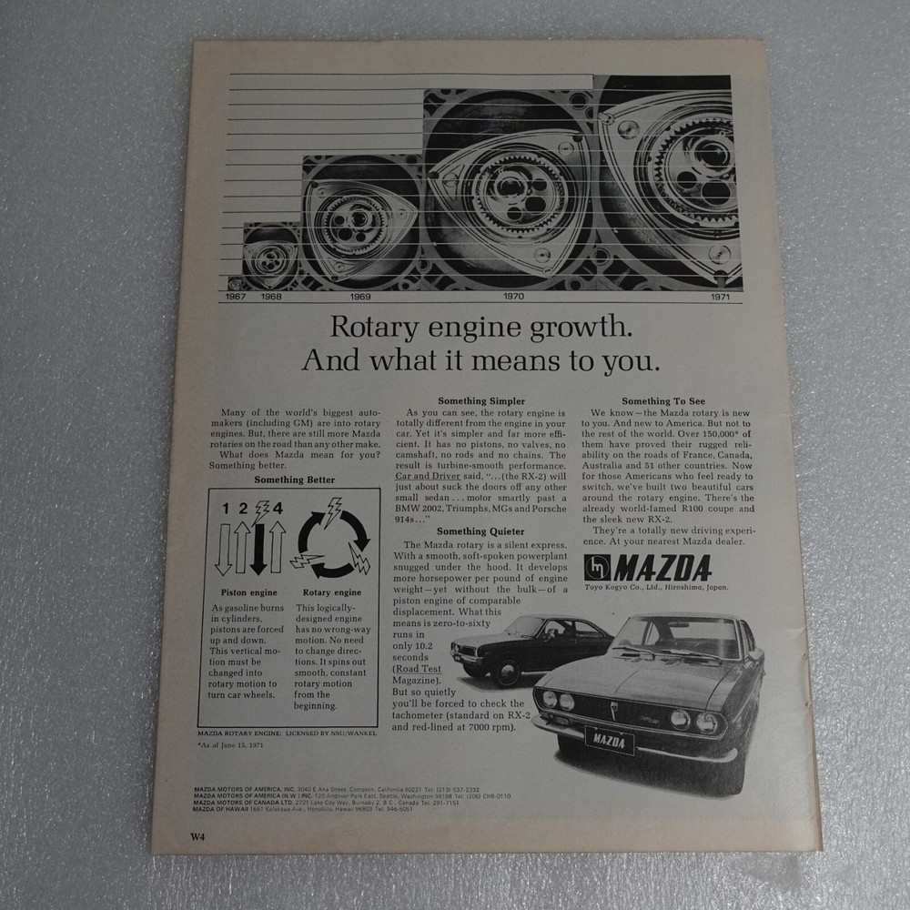 Vintage 1971 Mazda Rotary Engine Ad from Sports Illustrated