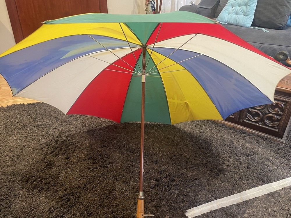 Vtg Multicolored Large golf Umbrella LGBTQ wood handle fun rainbow waterproof