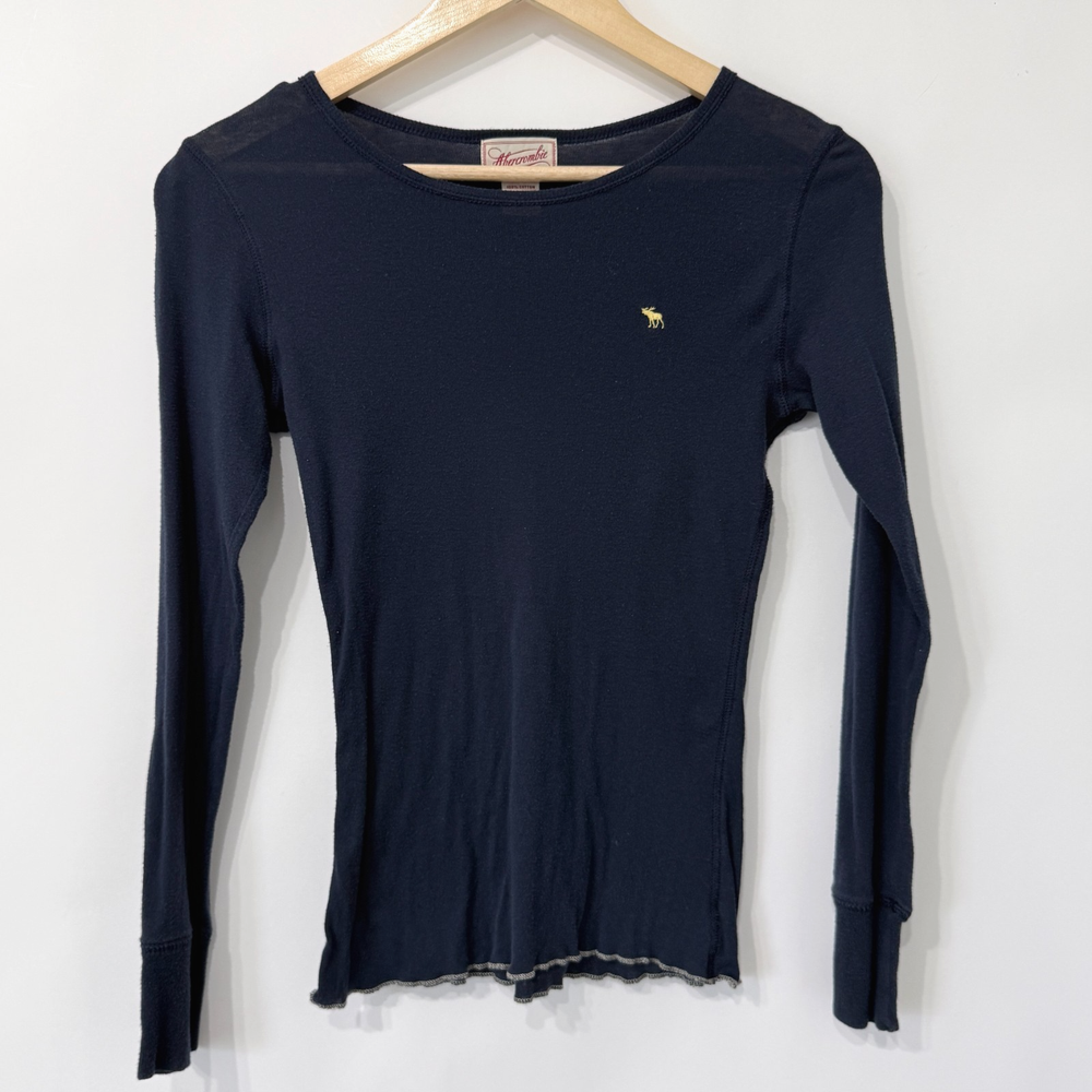 Abercrombie Y2K Moose Embroidered Long Sleeve T Shirt Womens M Navy Blue Fitted-image